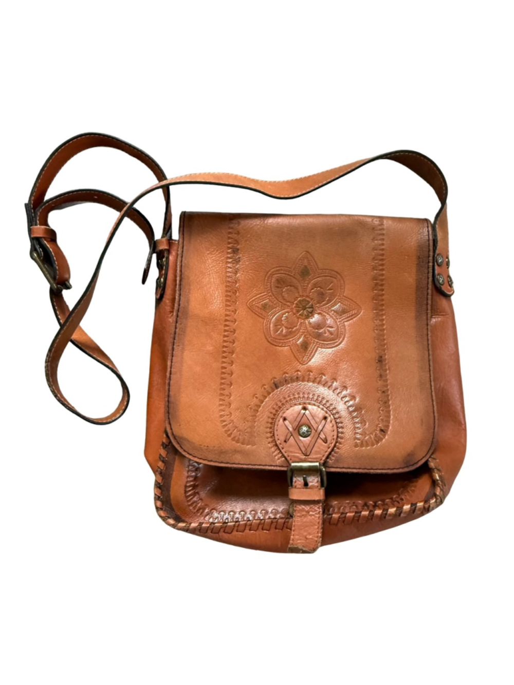 Patricia Nash Tooled Leather Crossbody Bag Tan Floral Western Messenger Vintage